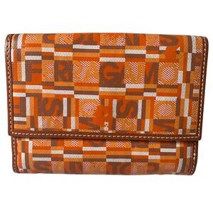 Ferragamo Logo Mania Compact Wallet Orange Italy Leather Card Holder Y2K Vintage